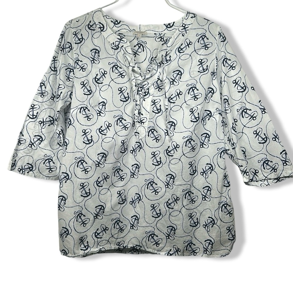 Talbots White Blue Anchor Tunic Top Lace-Up Neckline Size X